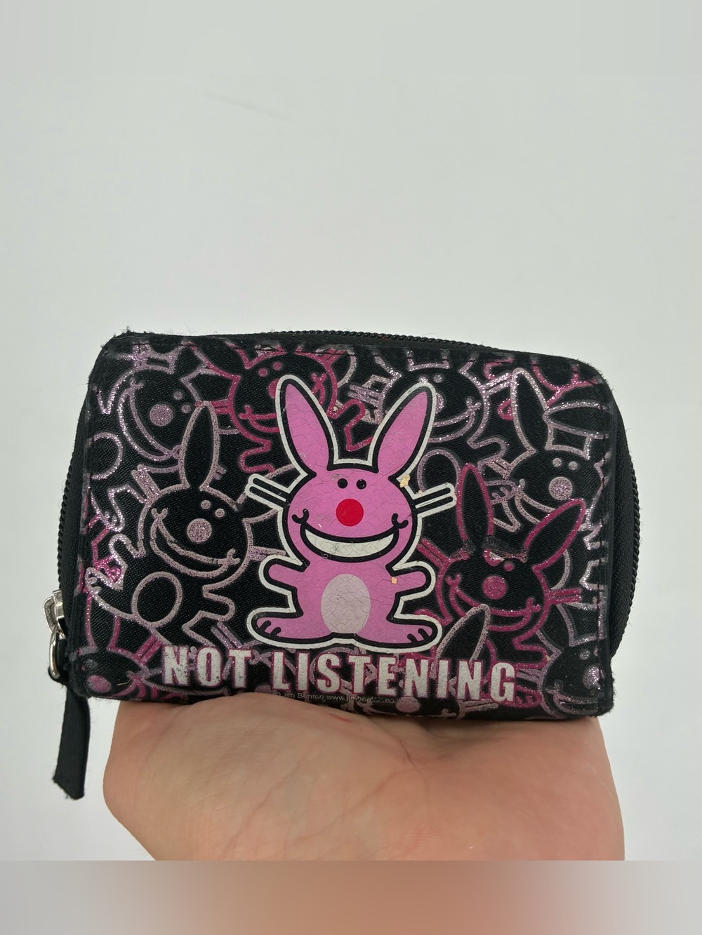 Vtg Happy Bunny Jim Benton Wallet Y2K Zipper Close Cards Not Listening Glitter